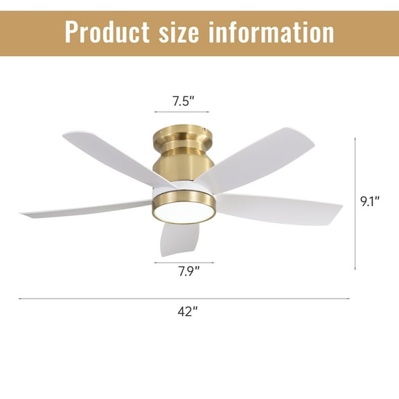 42" Flush Mount Ceiling Fan – Gold & White ABS Blades – 22W Dimmable LED Light & Remote Control