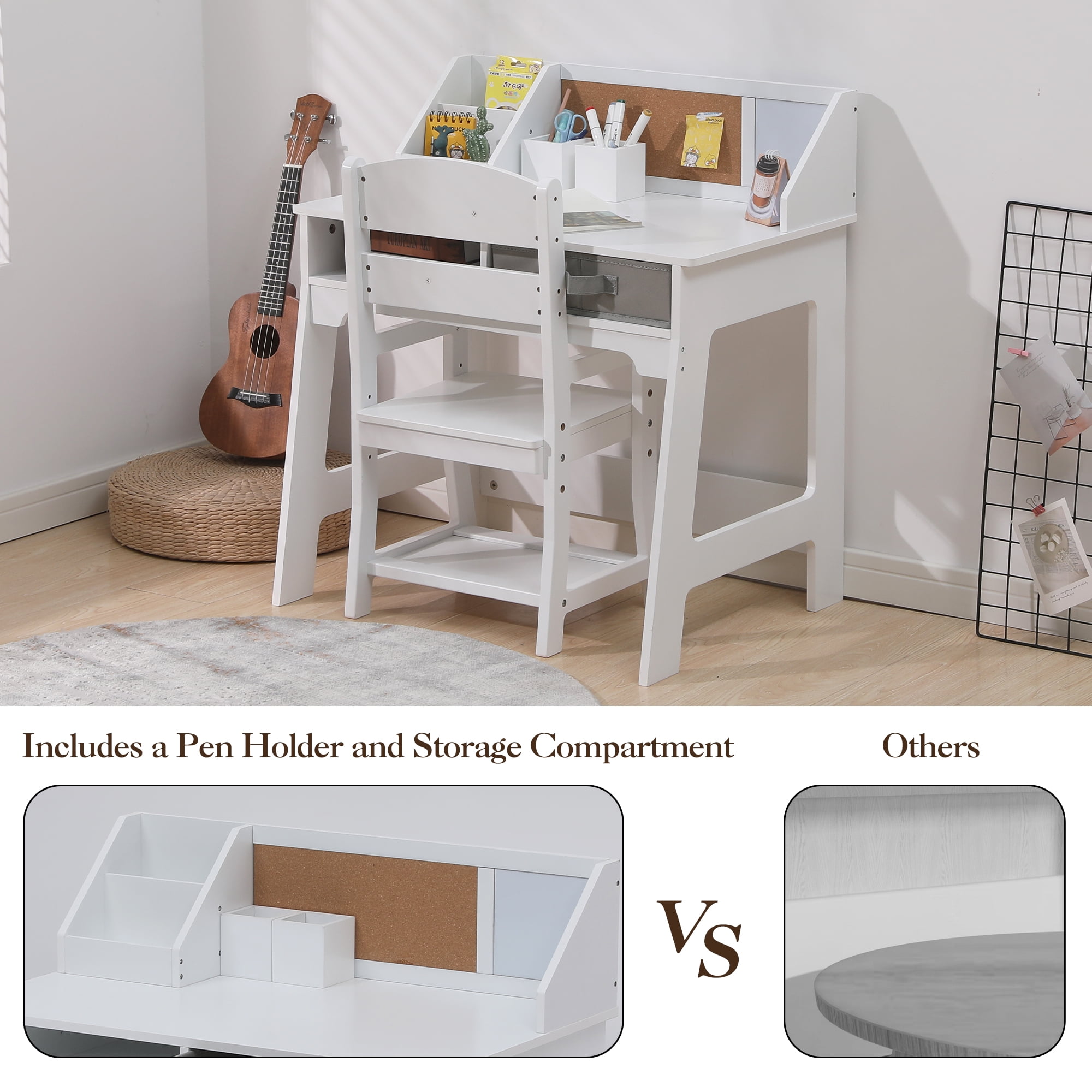 Kids Study Desk and Chair Set, Wood Kids Writing Table with Storage, Kids Activity Table with Bookshelf, Bulletin Board, Computer Desk for Boys and Girls