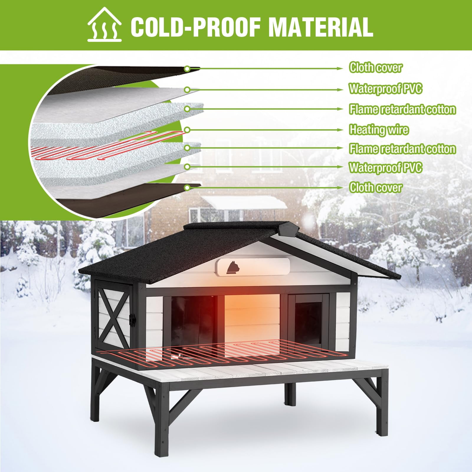 Aivituvin Heated Cat House for Outside, Large Outdoor Cat House Insulated Weatherproof Feral Cat Shelter with Heating Pad, Insulated Thermal Liner, Chewproof Cable for 1-4 Cats, Black & White