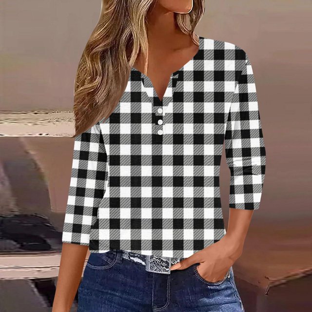 Fiudx Ofertas Flash Del Día Blusa de Manga 3/4 Corta Estampada a La Moda para Mujer, Blusa Informal con Cuello Redondo