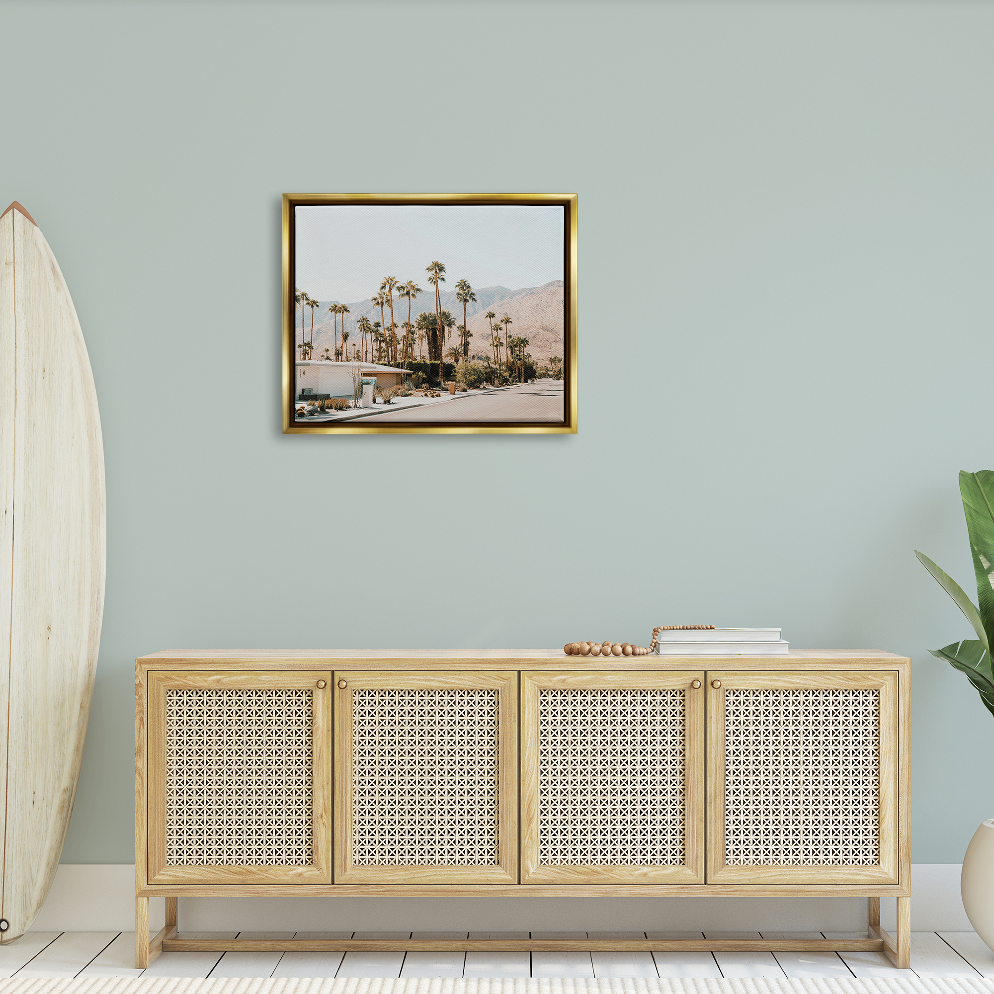 Stupell Summer Villa Town Palm Trees Landscape Photography Gold Floater Framed Art Print Wall Art