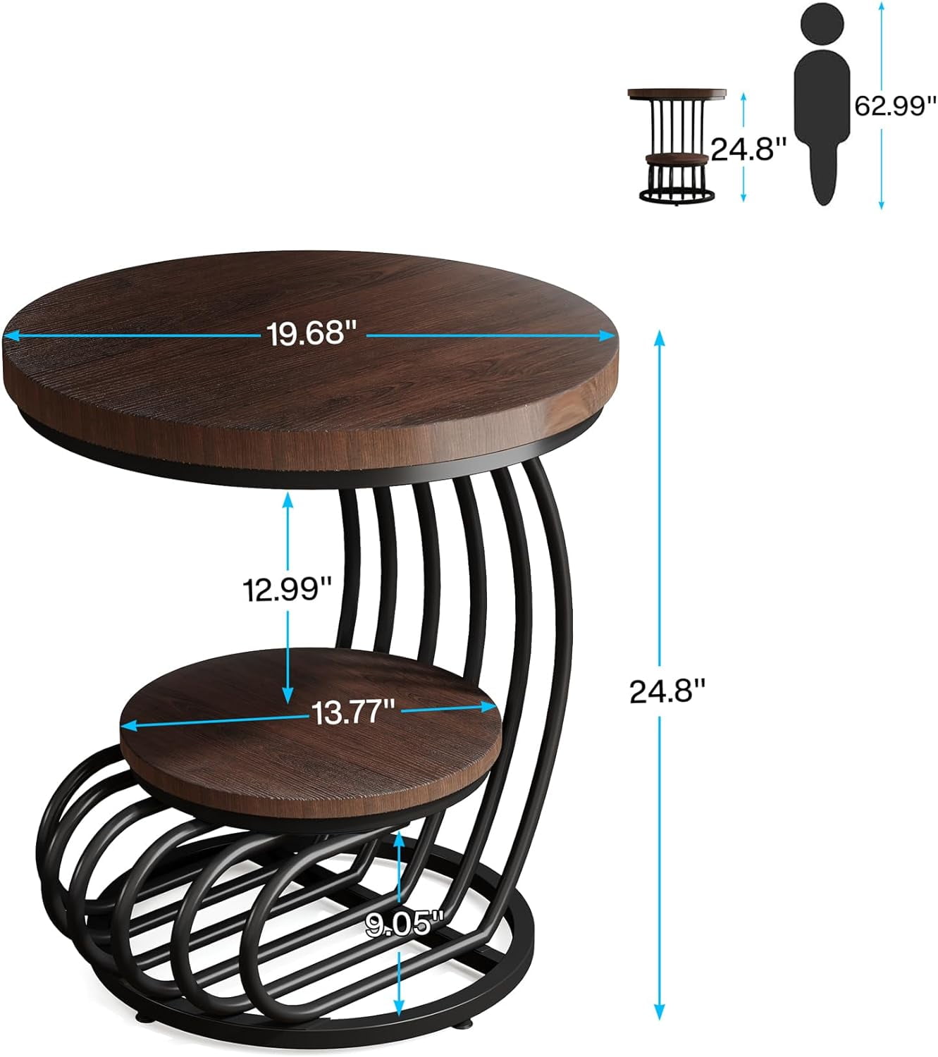 Tribesigns Round End Side Table, Side Table with 2 Tiers Storage Shelves, Vintage End Table for Living Room