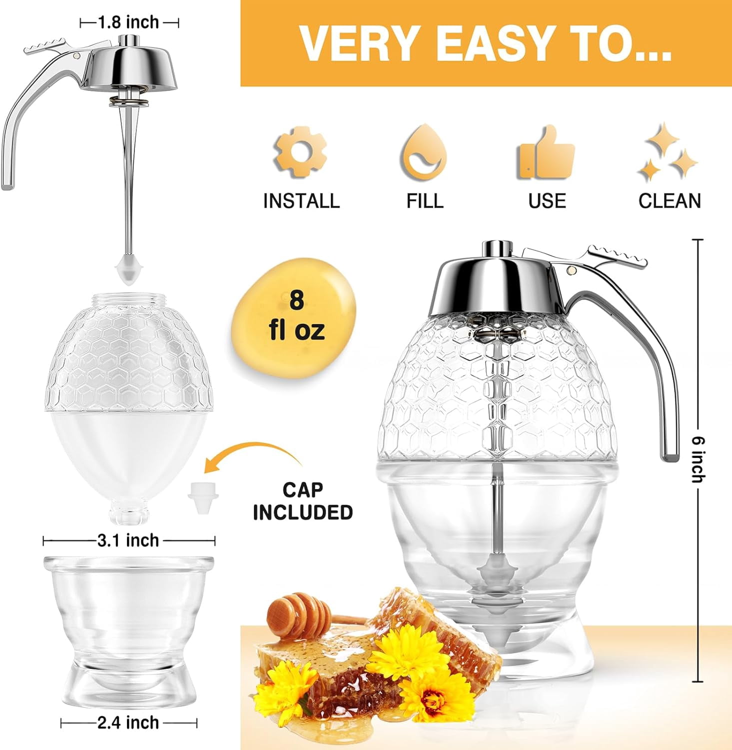 Honey Dispenser No Drip Glass 8 oz with Plastic Top, Beautiful Honeycomb Shaped Jar Stand - 6" Clear Container, Pot, Maple Syrup Dispenser, Perfect Bee Decoration for Home Kitchen