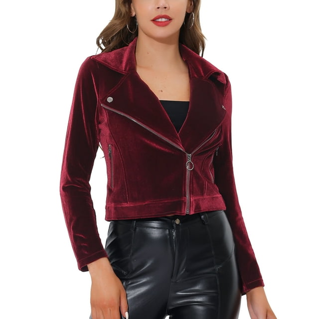 INSPIRE CHIC Women's Velvet Notched Lapel Zipper Cropped Motorcycle Jacket S Wine Red