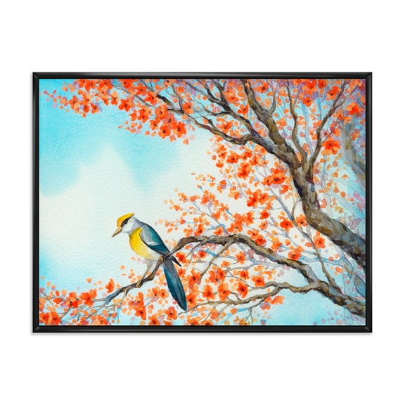 Beautiful Orange Bird Sitting On Flowering Branch 20 in x 12 in Framed Painting Canvas Art Print, by Designart
