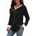 thumbnail image 2 of Women V Neck Color Block Long Sleeve Shirts-Casual Fall Light-Weight Tunic Sweaters Fashion Outfits Black S, 2 of 10