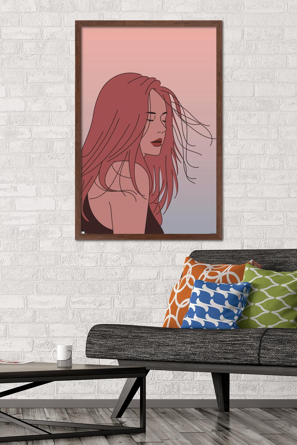 Hand Drawn Woman With Blowing Hair Wall Poster, 22.375" x 34" Framed