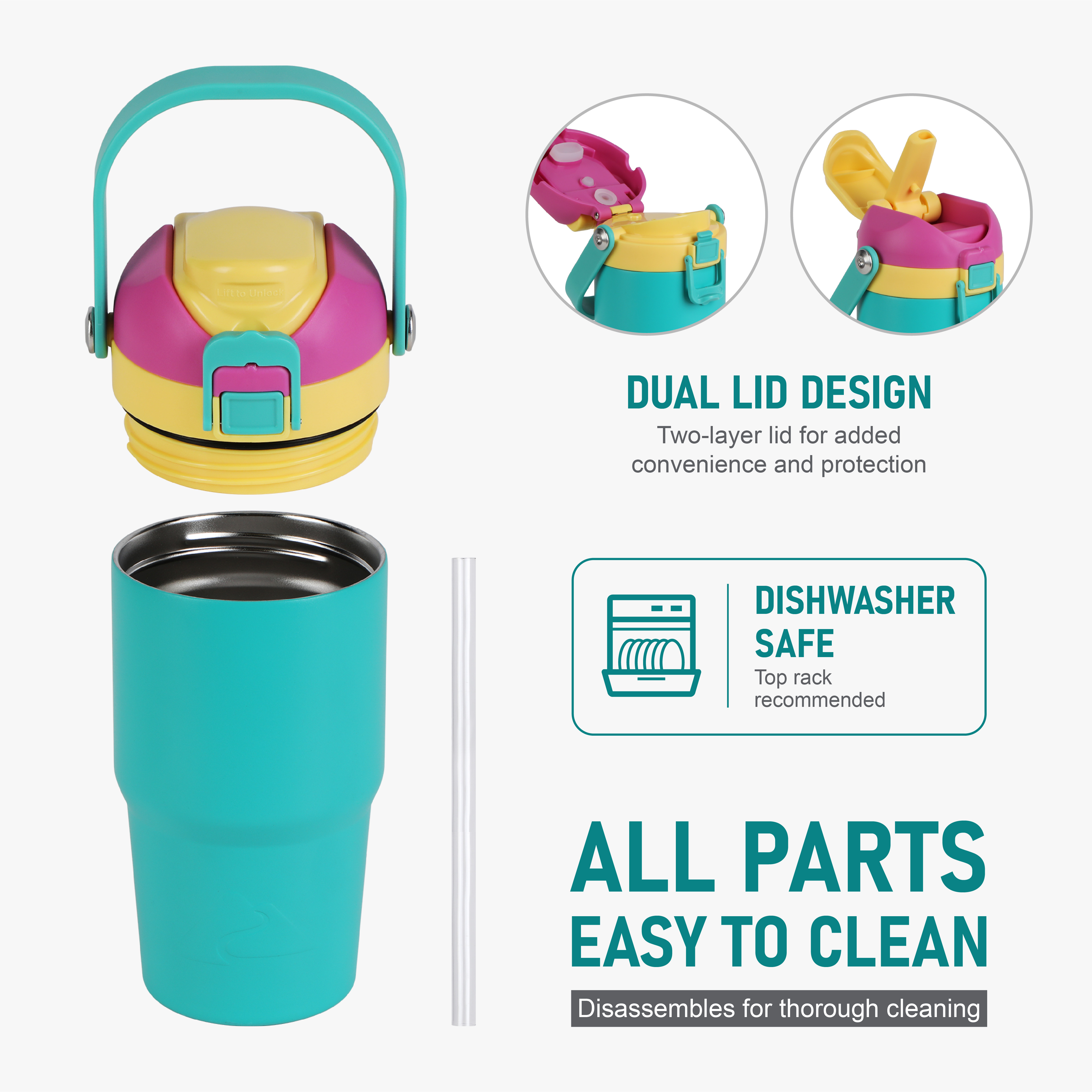 Termo de acero inoxidable al vacío de 18 oz con doble tapa, pared doble, tapa para sorber y verter, color verde azulado 5