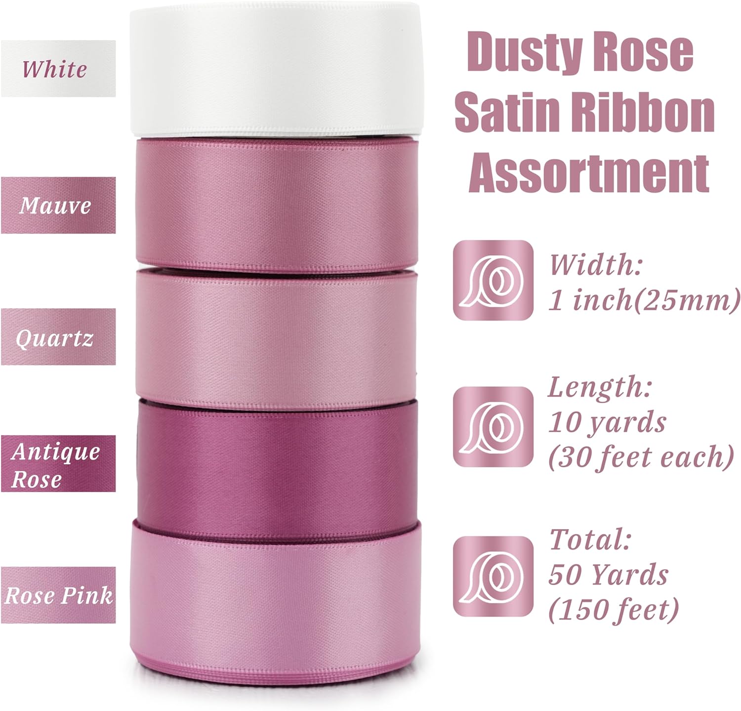 Rose Pink Satin Ribbon 1 Inch, Dusty Rose Mauve Double Face Ribbon, 5 Rolls Assorted 50 Yards for Wedding Bouquet Wrapping, Gift Wrapping, Hair Bows, Crafts