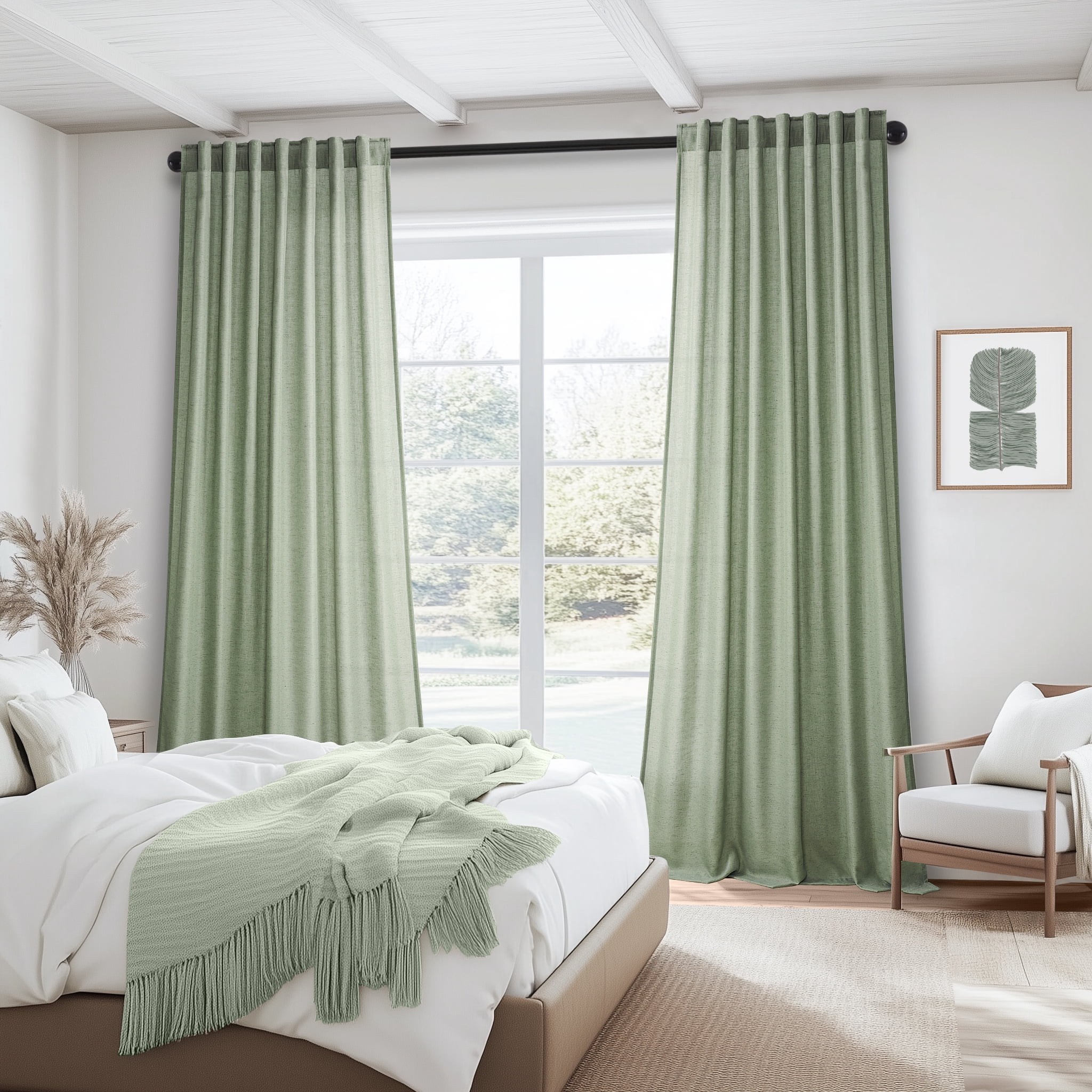 Jainmy Sage Green Linen Semi Sheer Curtains 90 Inches Long 2 Panels Set, Light Filtering Farmhouse Curtain Drapes for Living Room Bedroom,52"x90"