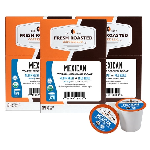 Fresh Roasted Coffee, Organic Mexican Swiss Water Decaf, Medium Roast, K-cup Compatible, 72 Count