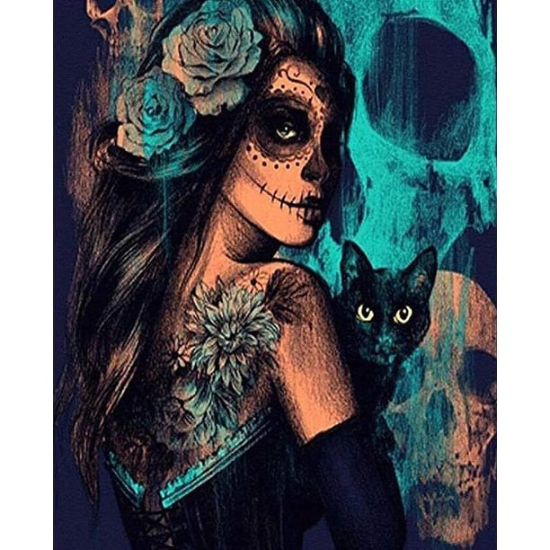 Pintura de diamante de Halloween, taladro completo, arte de diamante, calavera mágica de gato y niña, kits de pintura de diamante 5D para adultos, Día de los Muertos para decoración del hogar JM JM