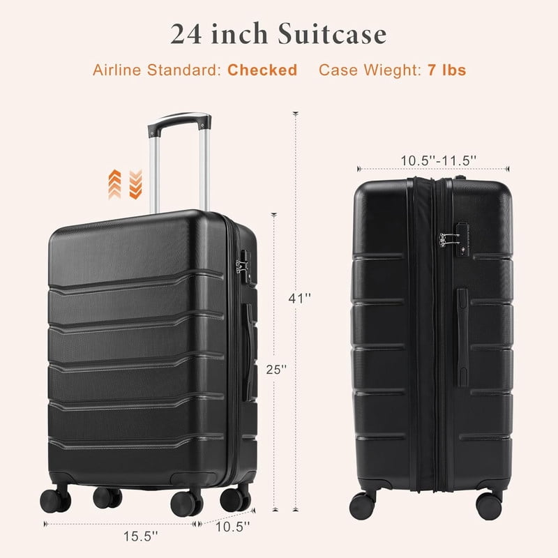 Sybels 24 Inch Carry On Luggage, Hard Shell Expandable Suitcase with TSA Lock and Double Spinner Wheels, Black