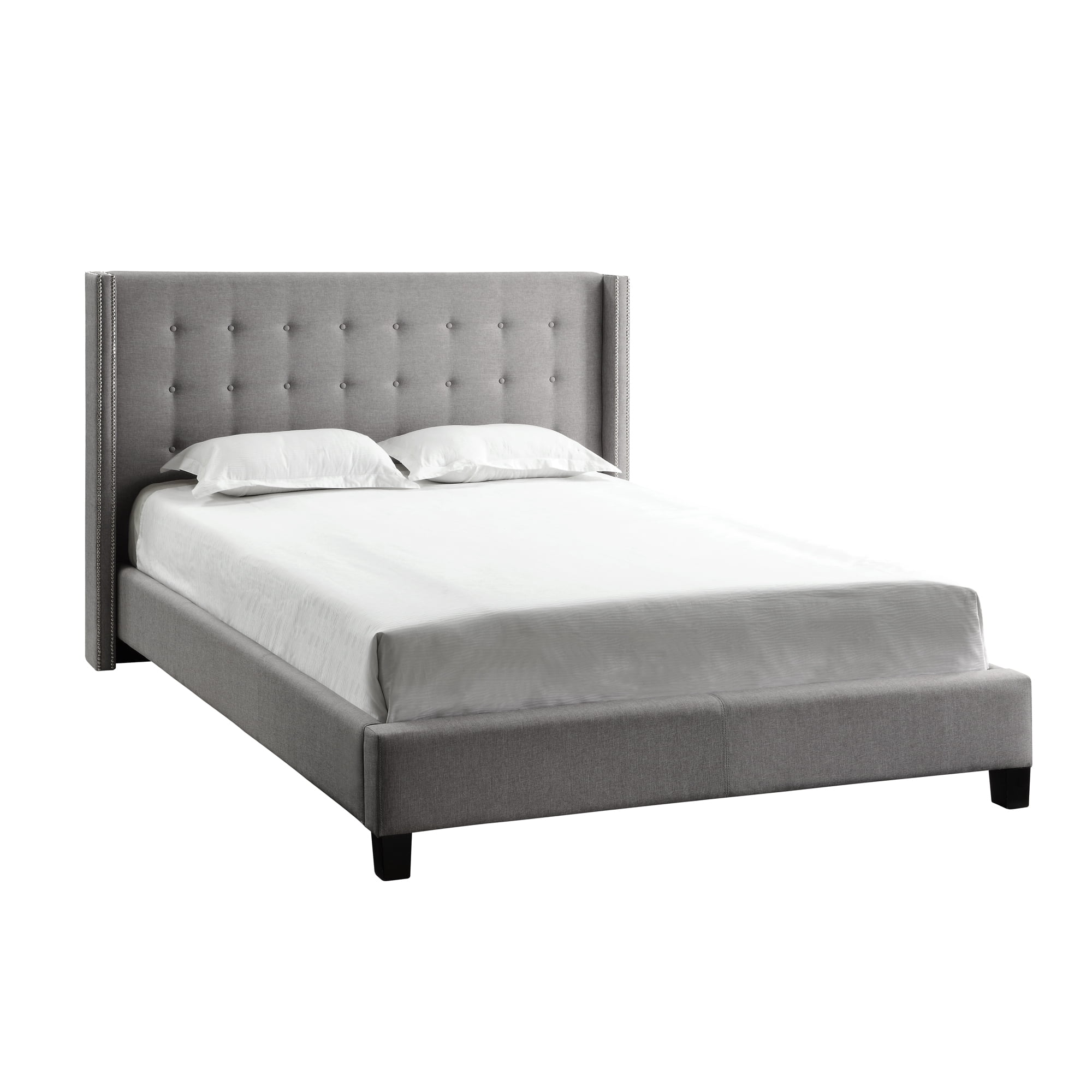Weston Home Curtis I Upholstered Full Bed with Wingback Nailhead Headboard, Gray