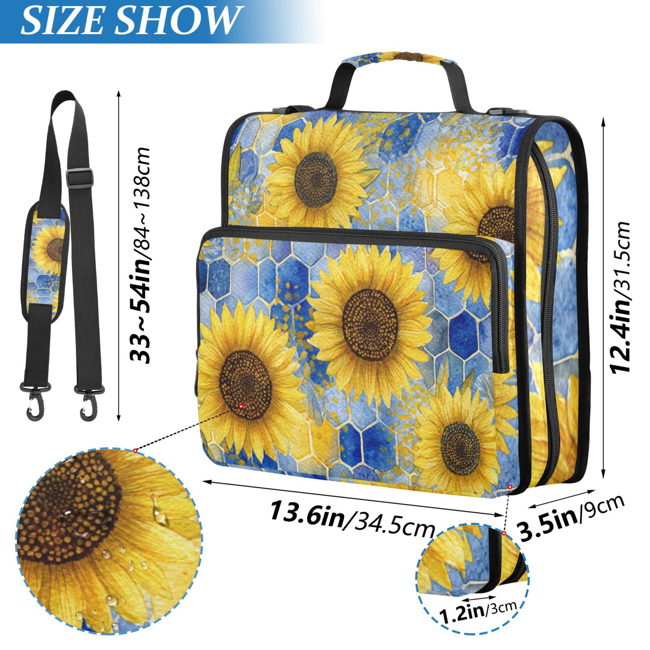 Sunflowers and Blue Honeycomb Binder Bag with Shoulder Strap 3 Ring Zipper Binder File Folder Document Storage