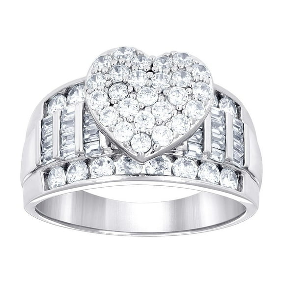 925 Sterling Silver Womens Baguette Round Cubic Zirconia Love Heart Ring 11.8x9.4mm Wide Size 10 Statement Ring for Wome