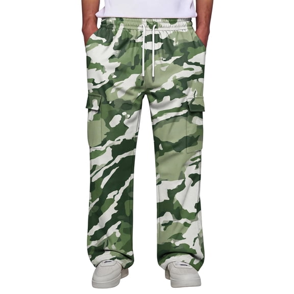Men's Cargo Pants Relaxed Fit Straight Leg Camo Print Work Pants with 4 Pockets Elastic Waistband Drawstring Lightweight Trousers for Hiking Outdoor Daily Wear Army Green L