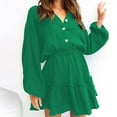 thumbnail image 5 of qolati Women's Mini Dresses 2023 Fall Lantern Sleeve V Neck Button Up A-Line Dress Fashion Layered Ruffle Hem High Waist Party Holiday Dress, 5 of 5