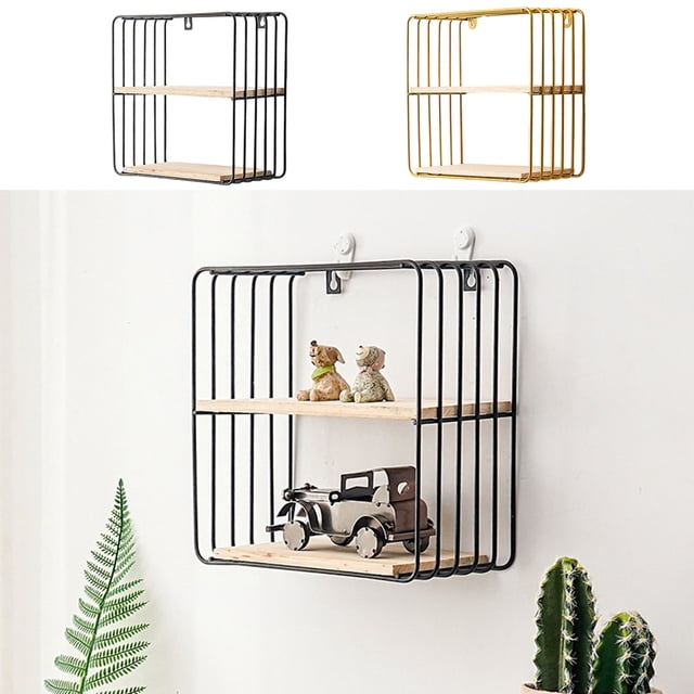 JASKFLY Iron Square Double-Layer Wall Rack Wall Mounted Storage Rack No Drill Required