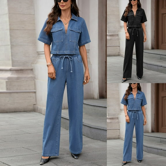 FRSASU Women Two Piece Denim Set Short Sleeved Lapel Top and Slightly Flared Jeans Vintage 2 Piece Outfits Blue XL(XL)