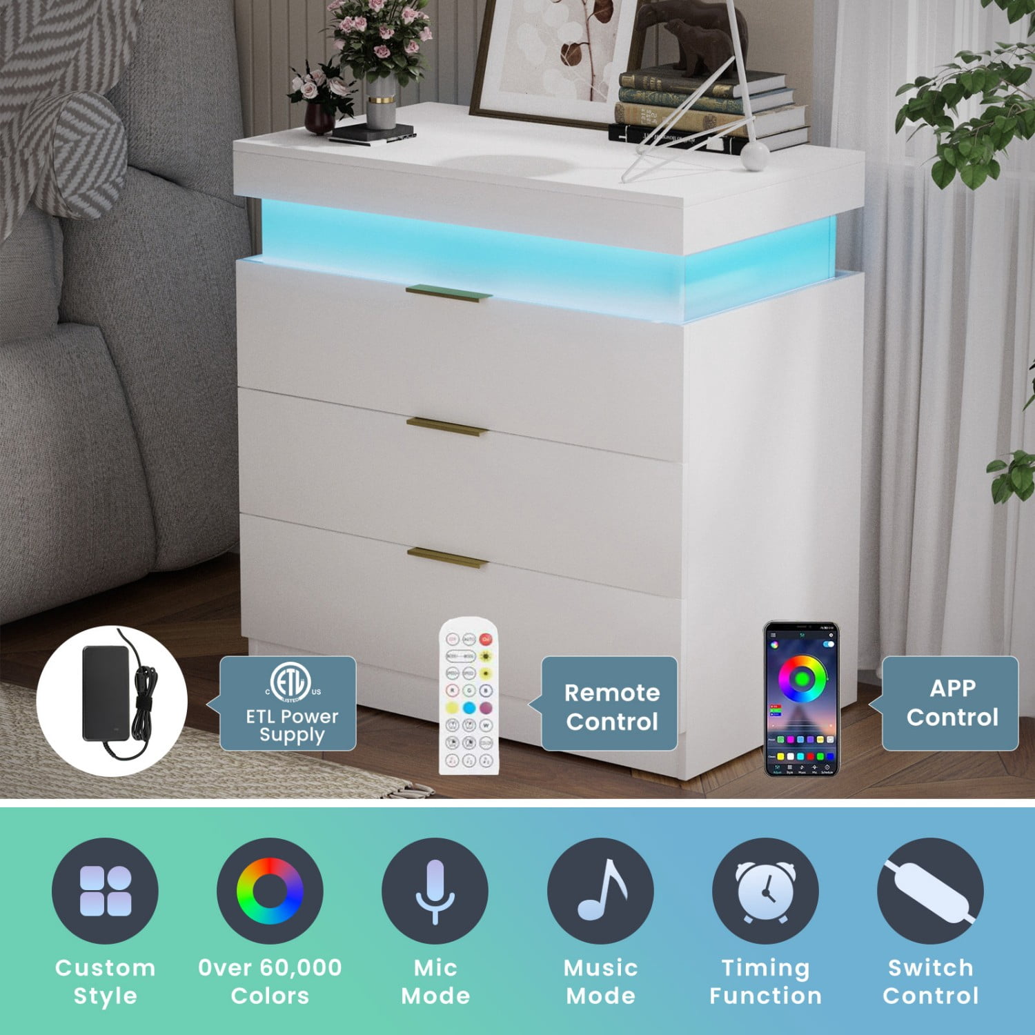 Nightstand with Charging Station and LED Lights, Modern Bedside Table with Sliding Top Drawer, 3 Storage Drawers End Table with USB Ports for Bedroom Living Room, White