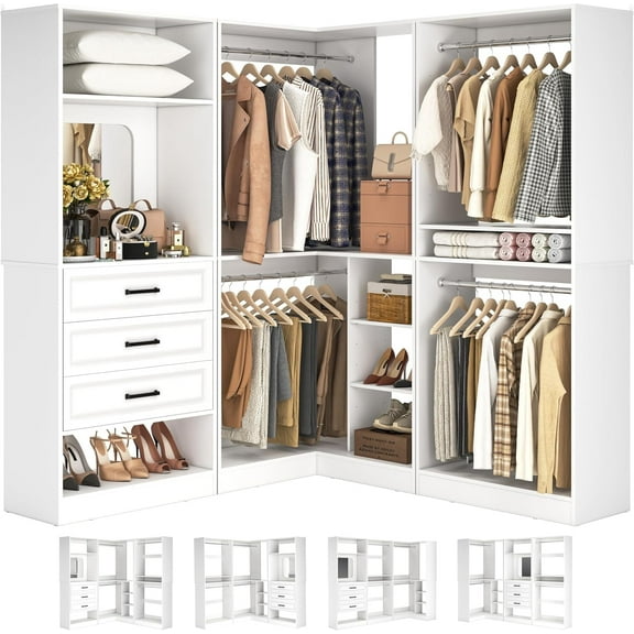 Homieasy 31-81" Expendable Closet System, Heavy Duty L-Shaped Closet Organizers with 3 Drawers, 4 Hanging Rods, Mirror, and Corner Tower for Closet, Bedroom, Apartment