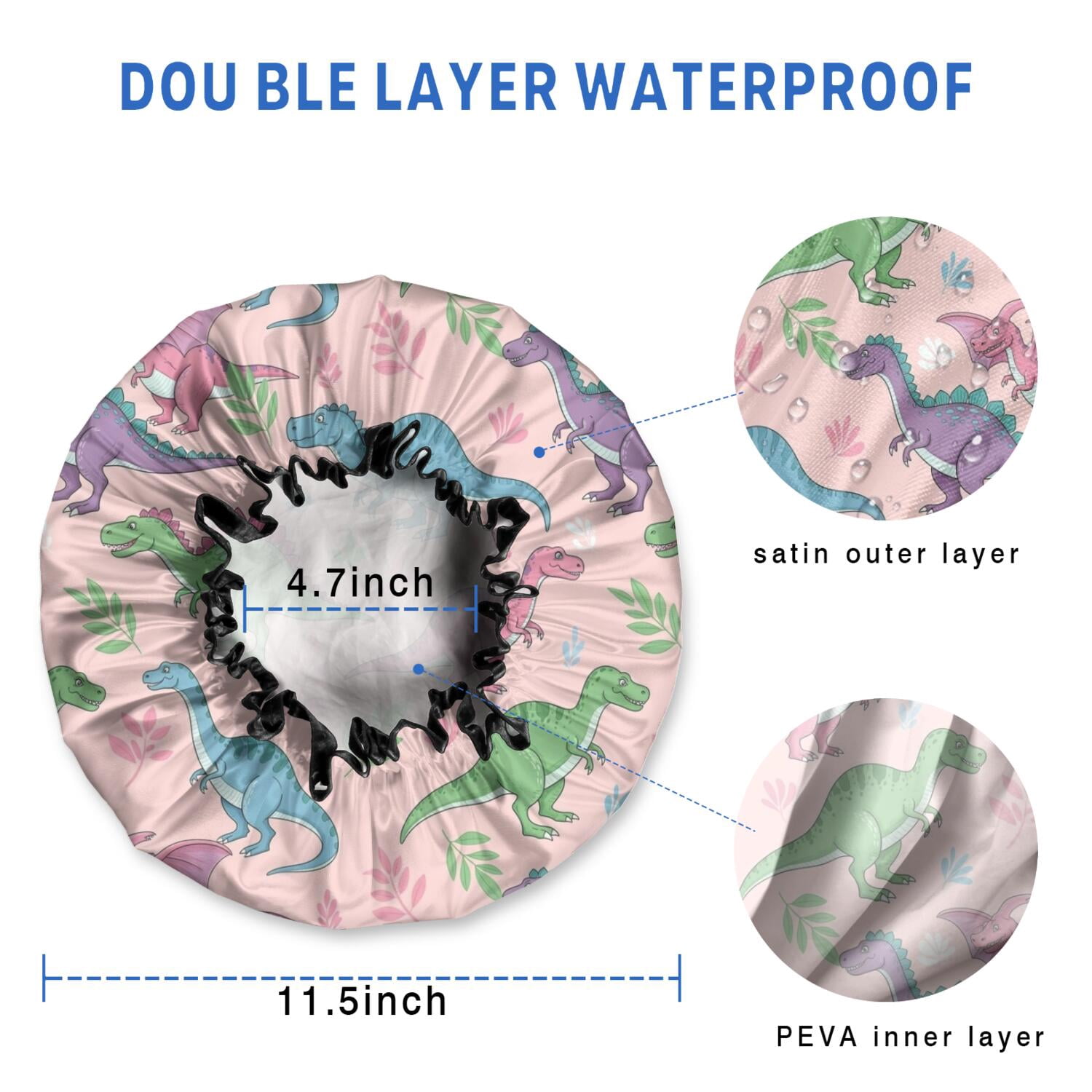 Shower Caps,Pink Cartoon Dinosaurs Leaves Pattern Waterproof Shower Cap for Women 4 Pieces,Double Reusable Hair Cover for Shower PEVA Elastic Stretch Hem