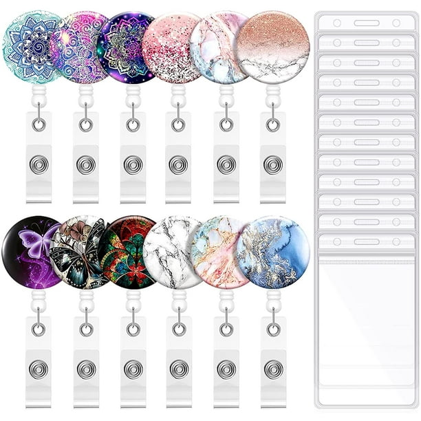 12 Pieces Cute Retractable Badge Holder Nursing Badge Reel Marble ID Badge  Reels with Alligator Clip Badge Clip on ID Card Holders for Office Worker  Doctor Nurse (Multiple Styles) 