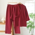 thumbnail image 2 of MOJOGO Men's Pajamas Set Solid Color Long Sleeve Kimono Robe with Pants Spa Sauna Bathrobe Sleepwear Set Loungwear Suit Wine M, 2 of 4