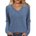 thumbnail image 2 of Dagugfen Sweaters for Women Ribbed Wave V Neck Slim Fitted Comfy Knit Casual Work Long Sleeve Shirts, 2 of 8