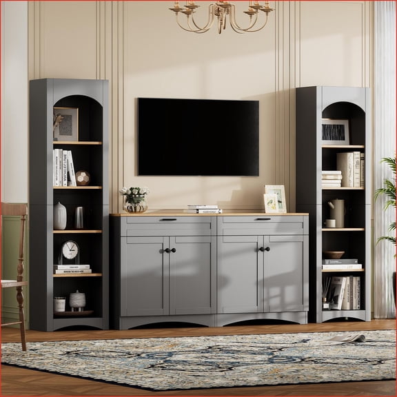 TV Furniture Farmhouse 3-Piece Entertainment Center with Storage | Grey | TV Size Up to 70" | Particle Board