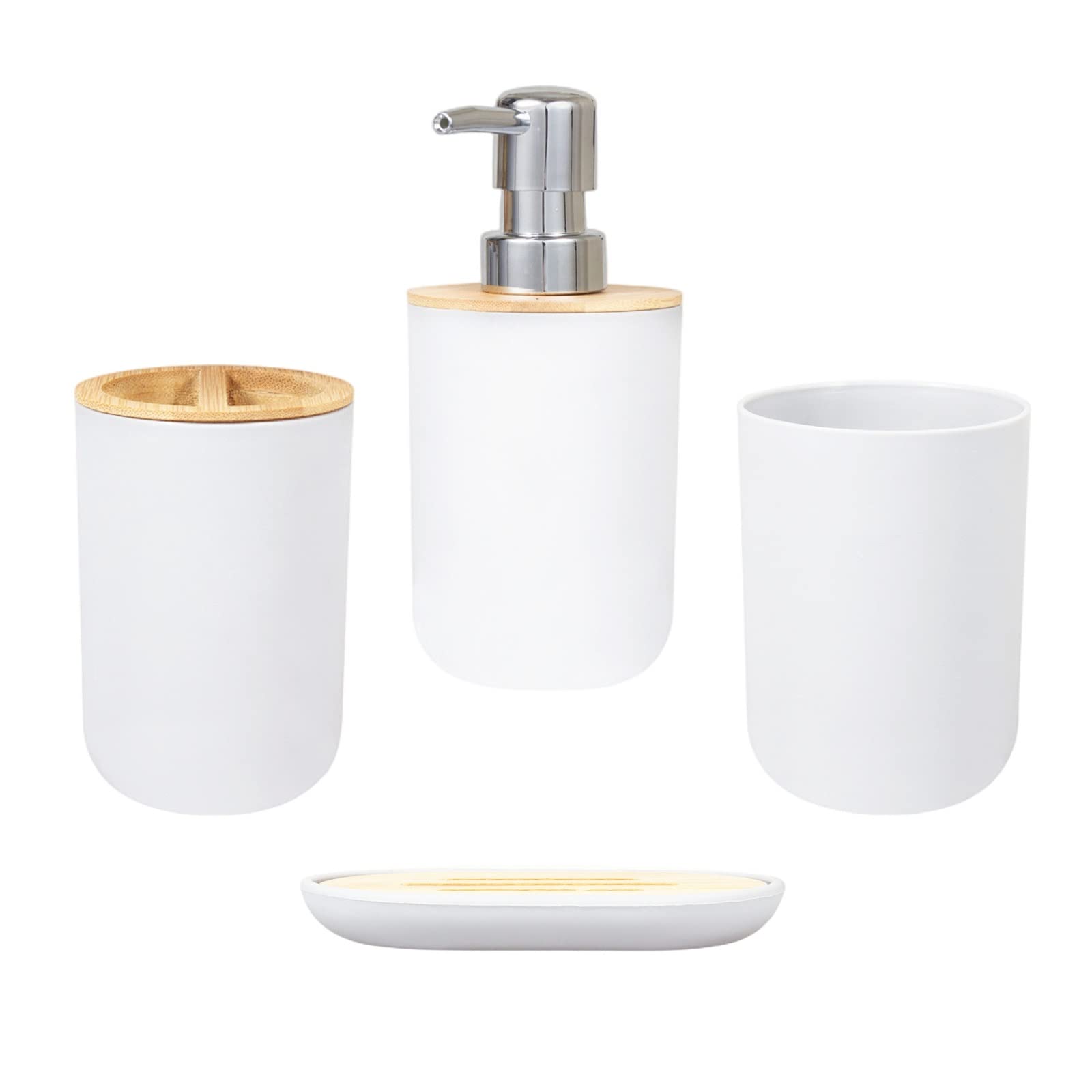 Bathroom Accessories Set 4 Pcs Bamboo Bathroom Sets, Soap Dispenser
