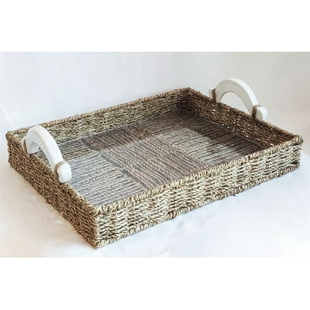 Seagrass Rect. Tray with glossy white ceramic handle and mica