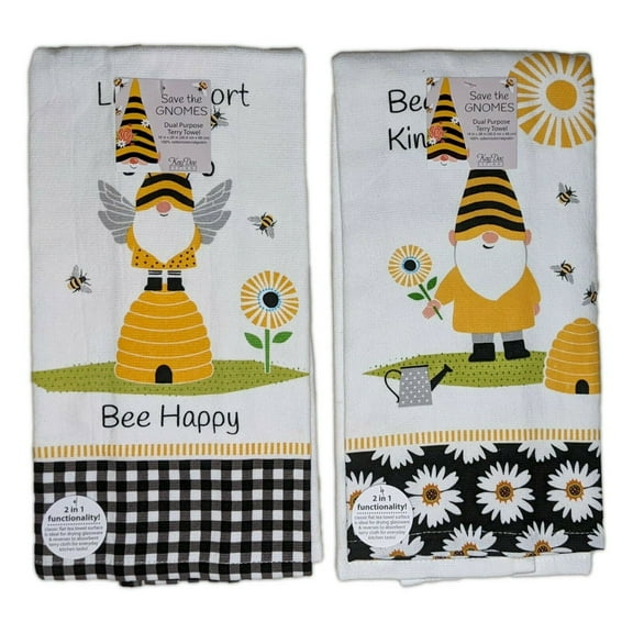 Set of 2 Save The Gnomes BEE KIND & HAPPY Terry Kitchen Towels, Kay Dee Designs