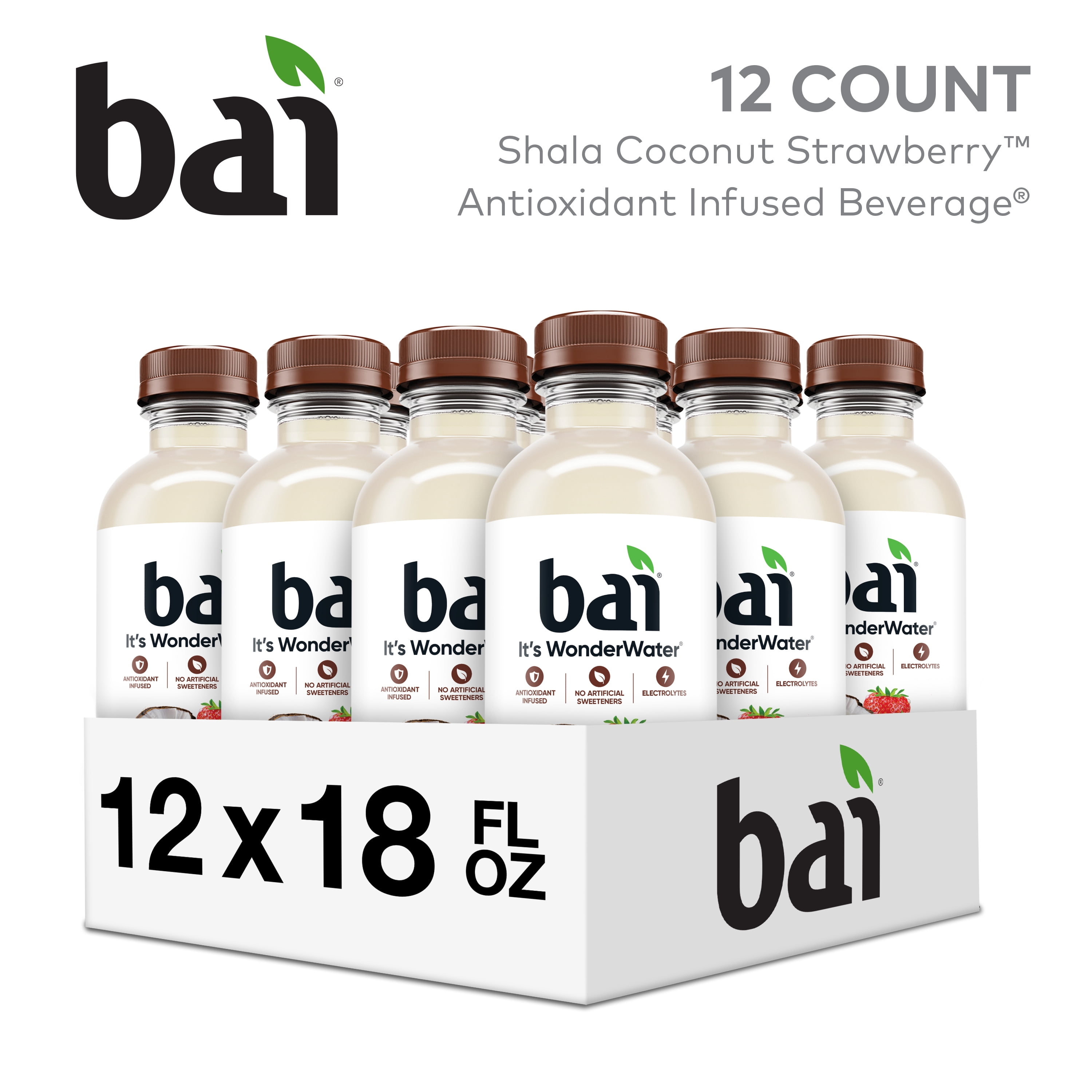 Bai Shala Coconut Strawberry Antioxidant Infused Water Beverage, 18 fl oz, 12 Pack Bottles