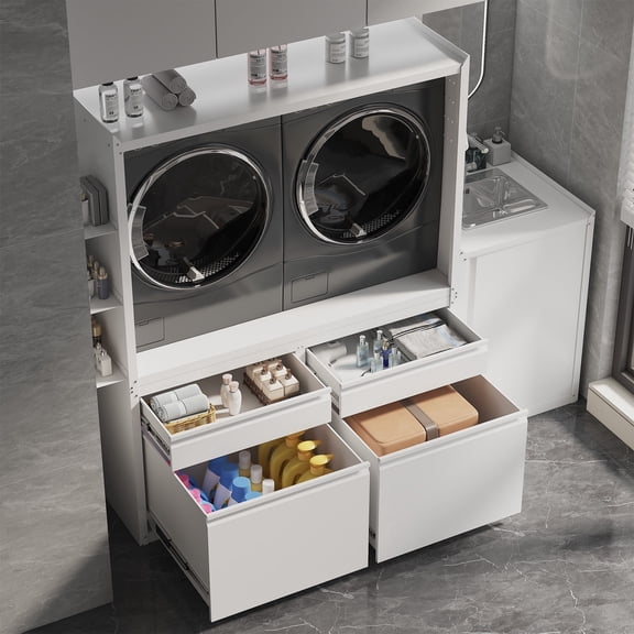 AECOJOY Laundry Pedestal with Sink Cabinet for 2 Washers and Dryers, 1300LBS Heavy Duty Universal Anti-Vibration Stand Base Raiser with Drawers, Hooks & Storage Cabinets,White