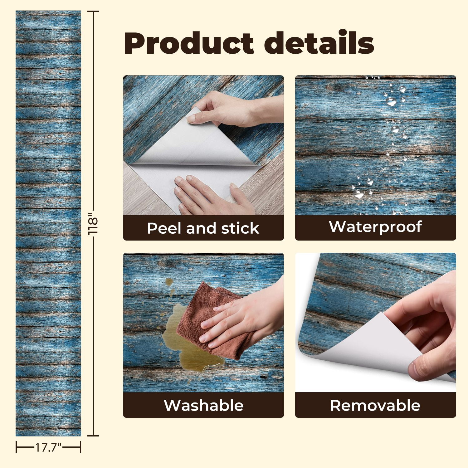 Peel and Stick Wallpaper Blue Weathered Wooden Planks Rustic Wood Texture Wall Mural 17.7in x 9.8ft Self Adhesive Removable Wall Paper Renter Friendly Wallpaper for Nursery Bedroom Cabinets