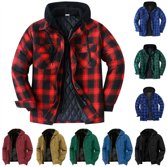 BiZtdJrK Men's Thicken Plaid Hooded Jacket Casual Button Down Fake 2 Piece Winter Coats Quilted Lined Hoodies with Chest Pockets, Blue, XXXL