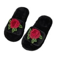 thumbnail image 5 of Women Fluffy Faux Fur Embroidery Rose Open Toe Slide Slippers Black 9-9.5, 5 of 9