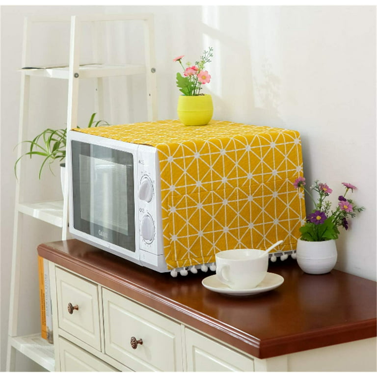 NOGIS Microwave Oven Cover Dustproof Top Cover Cotton Linen Toaster Cover  Kitchen Appliance Protector Decorative Dust proof Cover with 4 Side Storage  Pockets, 11.8 x 35.4 (Yellow) 