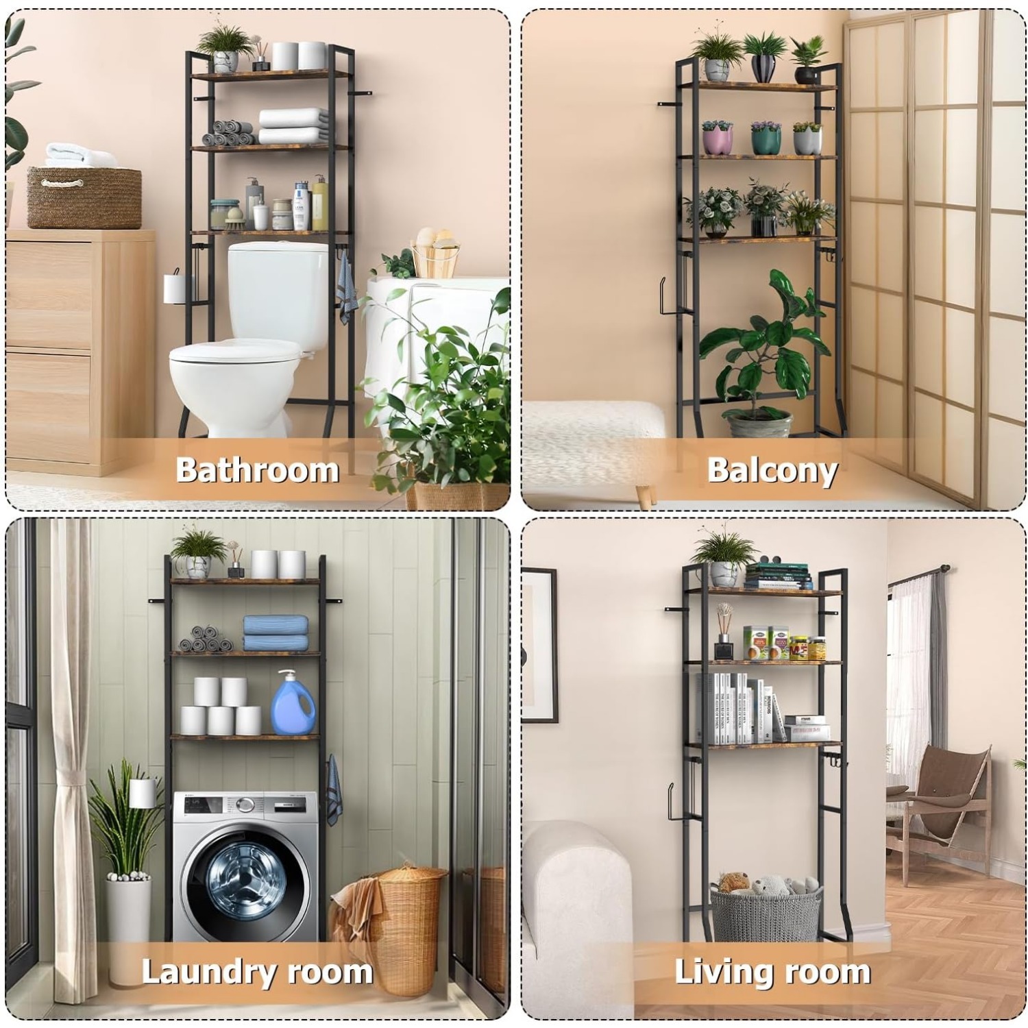 Over The Toilet Storage Shelf, 3-Tier Bathroom Organizer with Toilet Paper Holder and 3 Hooks, Freestanding Shelving for Restroom, Laundry, and Balcony,Brown