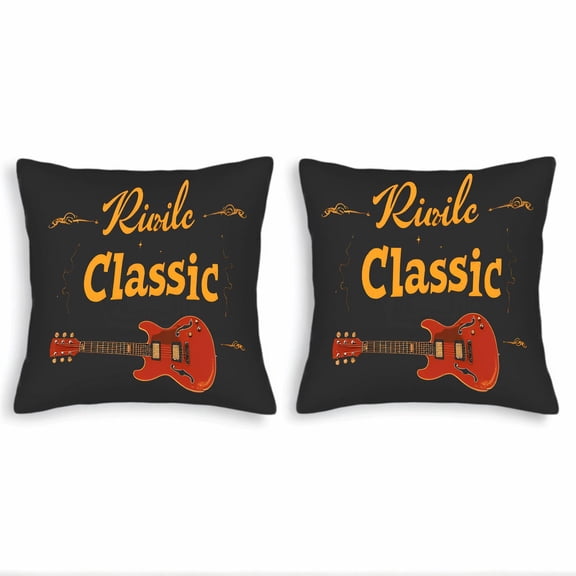 Set of 2 Throw Pillow Covers 18x18in - Black Background with Glossy Red Electric Guitar ' Riivle ' Cursive & ' Classic ' Bold Text Decorative Orange Swirls