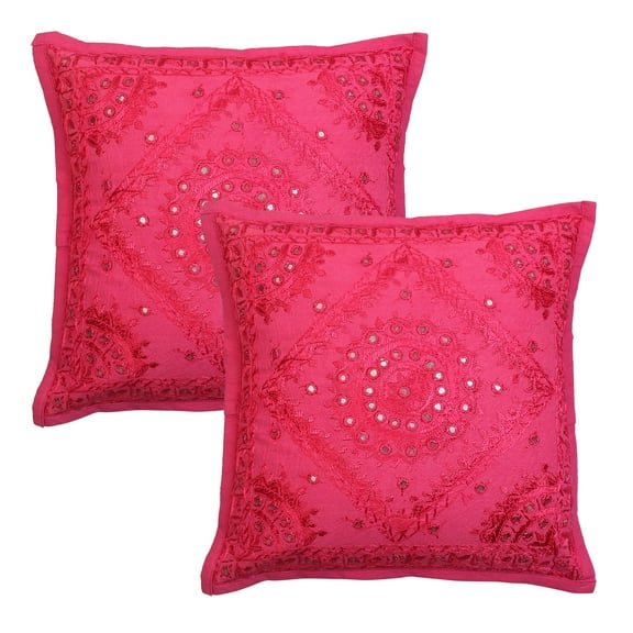 Stylo Culture Indian Couch Throw Pillow Covers 16 x 16 Hand Embroidered Dark Pink Bohemian 40 x 40 cm Home Decor Cotton Mirrored Square Cushion Covers | Set Of 2
