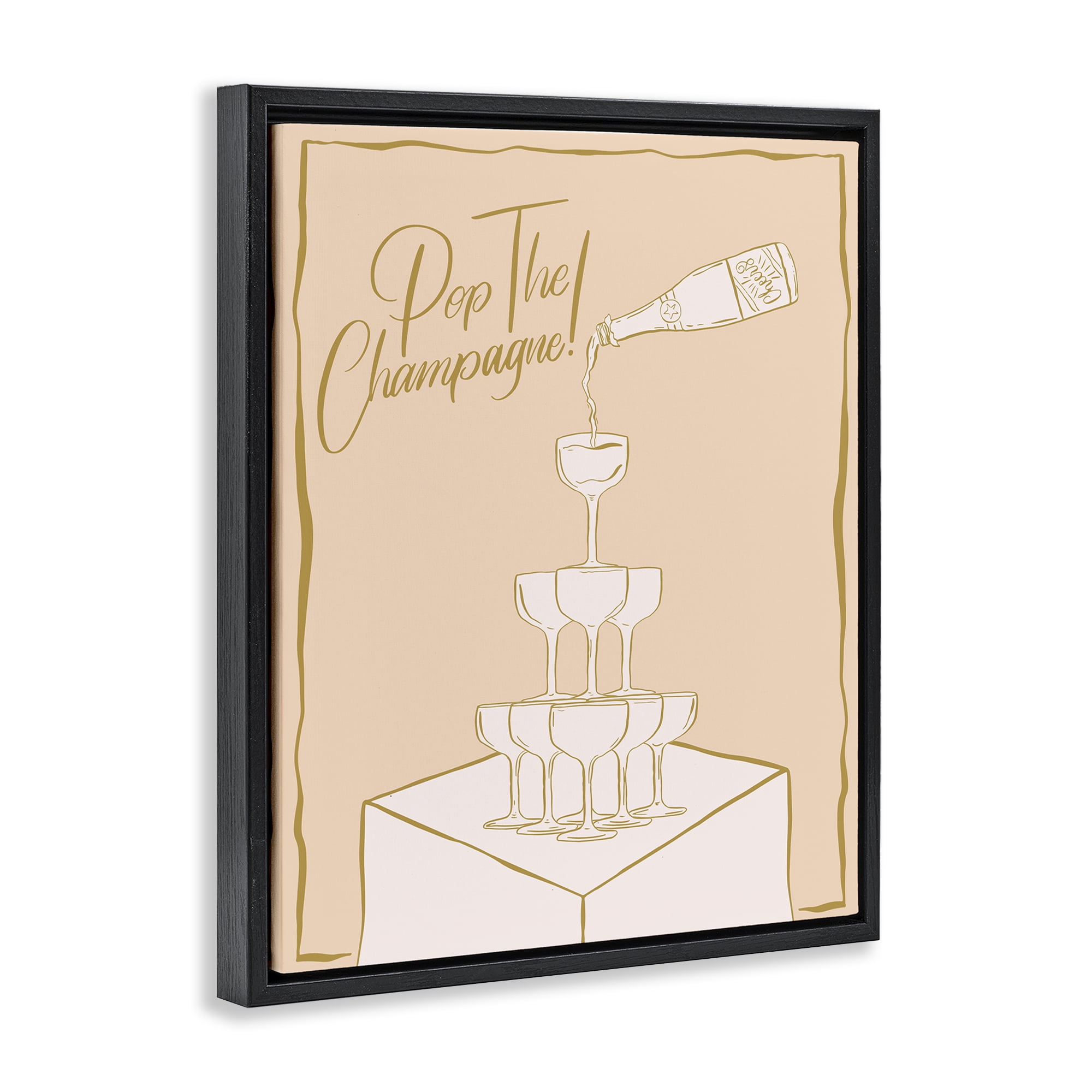 Stupell Industries Pop The Champagne Phrase Food & Beverage Painting Black Floater Framed Canvas Art Print Wall Art, 17 x 21