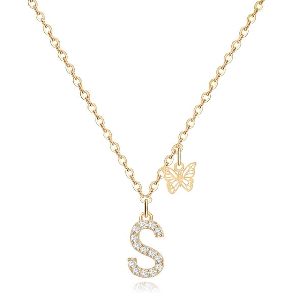 Dainty Initial Necklace Butterfly Pendant Necklace, 14K Gold Plated Cubic Zirconia Letter Dainty Necklaces Jewelry Birthday Gifts For Women[o2160]