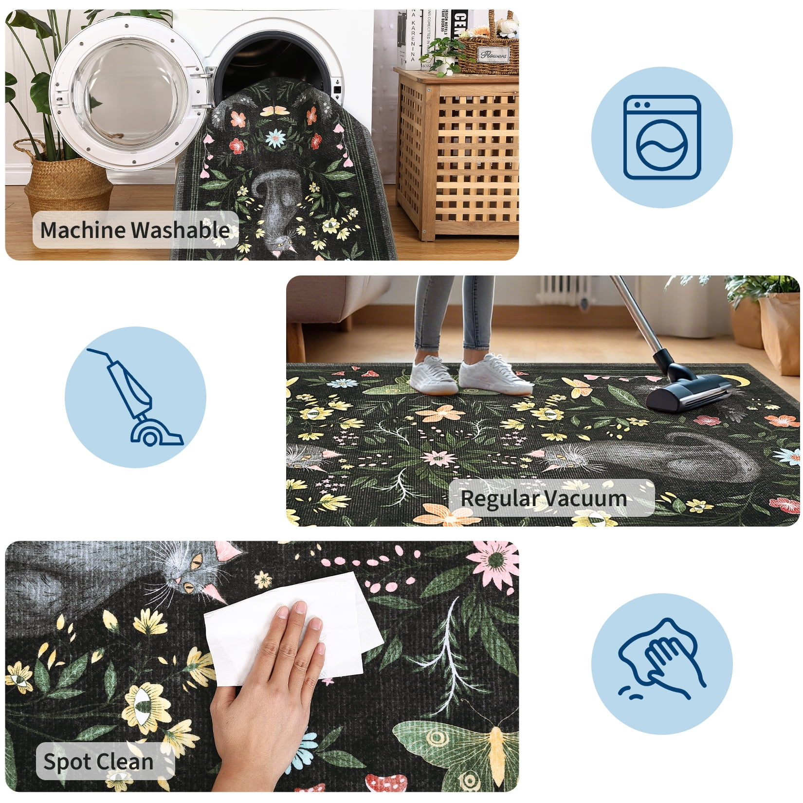Garvee 5'x7' Boho Area Rug Cat Floral Pattern Carpet, Vintage Washable Rug Non-Slip Indoor Accent Carpet for Living Room Bedroom Home Office, Black