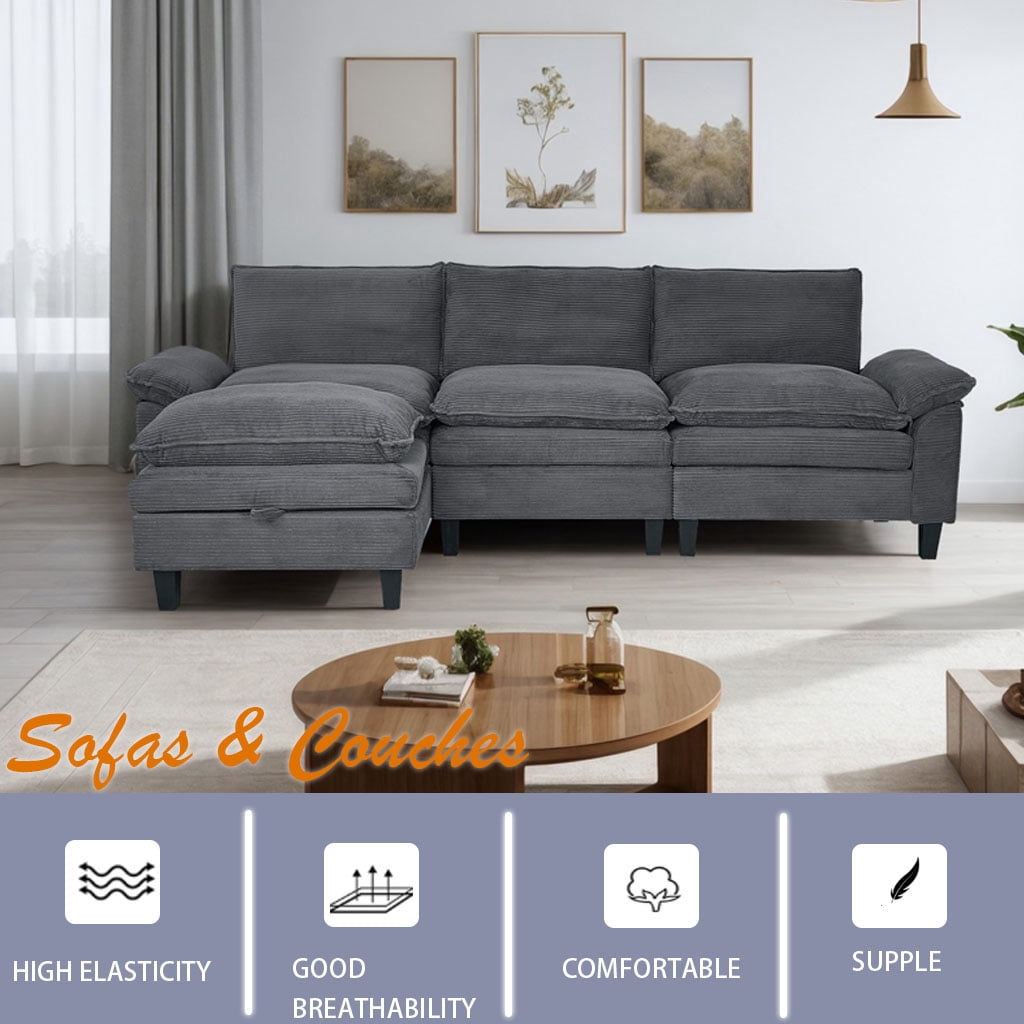 Gewnee Sectional Convertible Sofa U Shaped Modular Couch with Double Movable Tea Table Ottoman Corduroy Oversized Sofa Couch