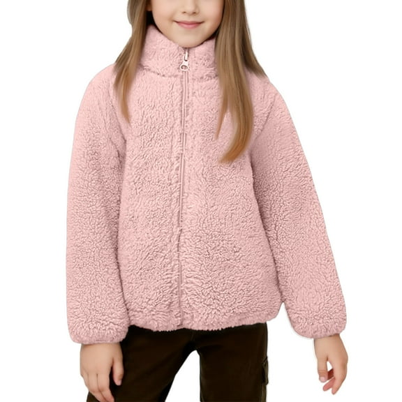 Kids Full Zip Stand Collar Sherpa Fleece Jacket Long Sleeve Soft Plush Outerwear for Children Girls Boys Winter Wear Style #E018 Pink 80