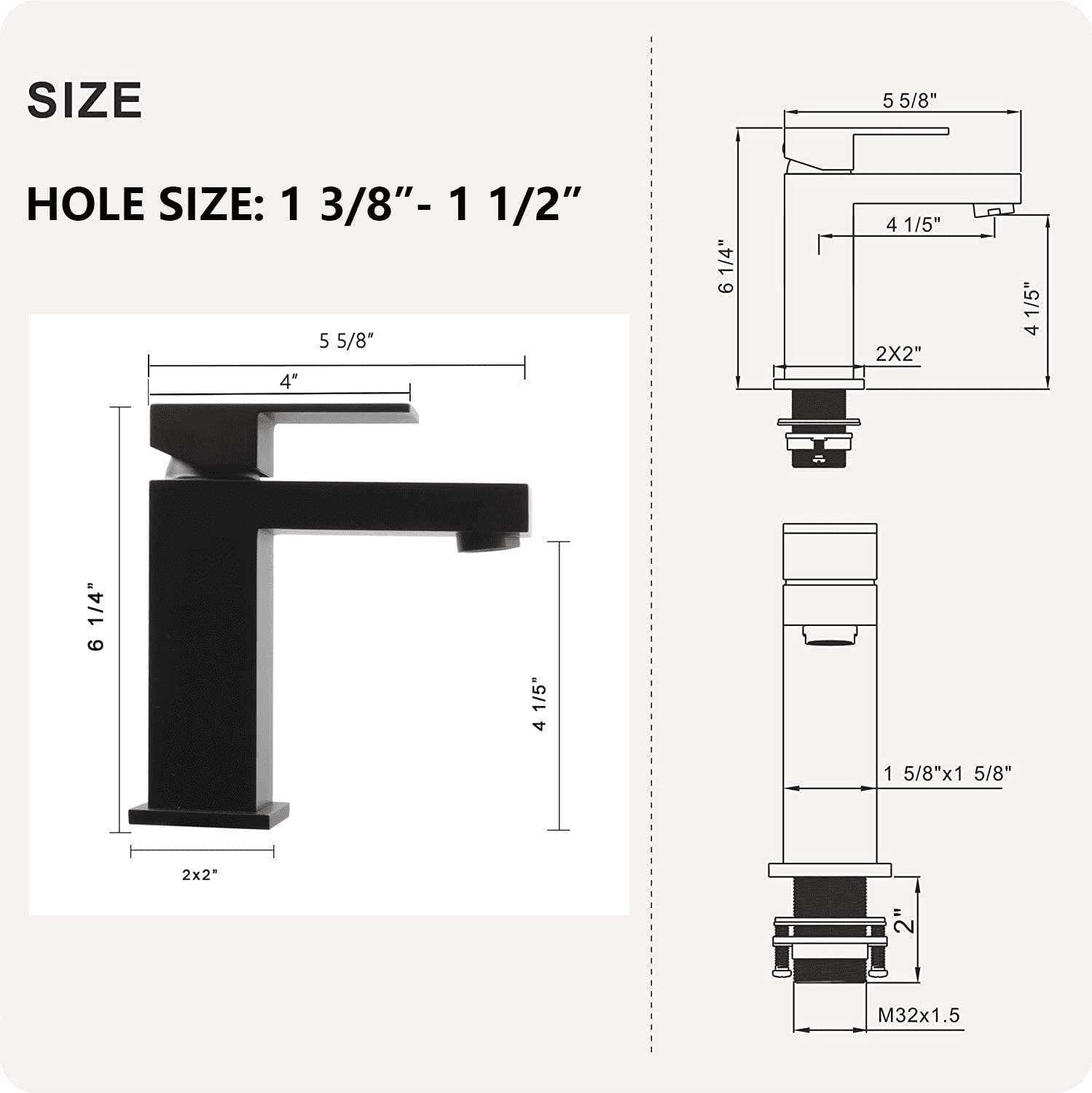 Single Handle Bathroom Faucet, Matte Black Single Hole Bathroom Faucet, Solid Brass Modern Bathroom Sink Faucet Vanity Square Bathroom Faucet with Pop-up Drain & Overflow & Water Supply Hoses