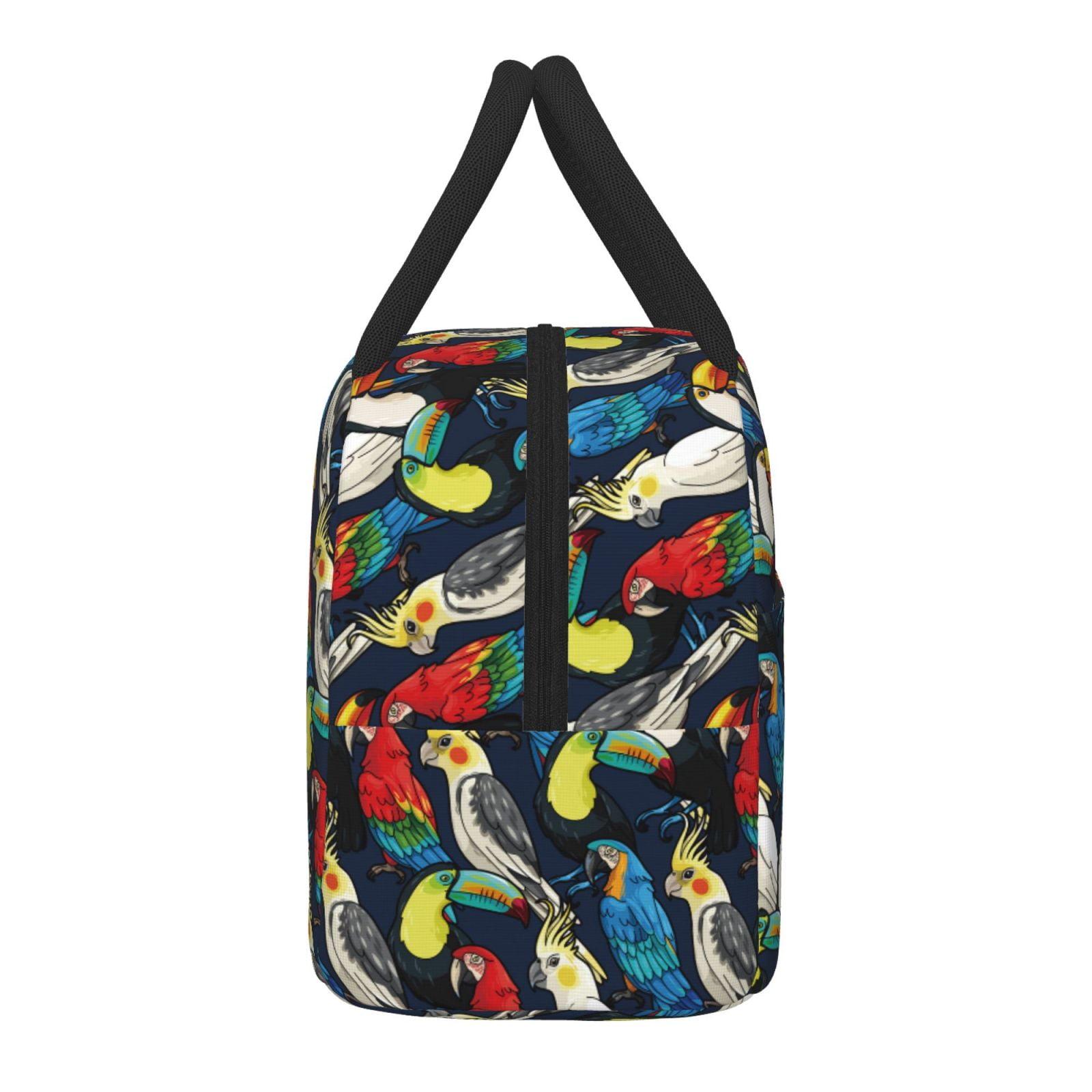 Horeoi Parrot Pattern Large Insulated Lunch Bag for Work, School, Picnic - Waterproof, Durable Oxford Cloth, Comfortable Handle-Black